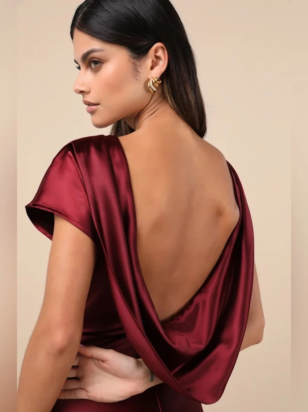 Lulus Captivating Presence Wine Red Satin Cowl Back Maxi Dress - Picture 4 of 8